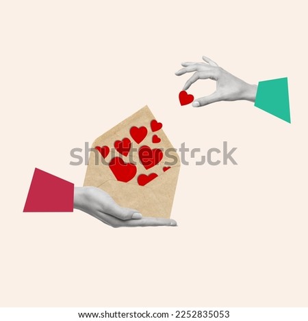 Contemporary art collage of human hands holding an envelope with hearts. Modern design. Holidays and love concepts. Women's Day, Valentine's Day. Greeting card. Copy space.
 Royalty-Free Stock Photo #2252835053