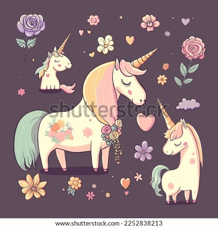 Cute mother unicorn with child girl, flowers, hearts. Beautiful cartoon character mom and baby animals. Watercolor vector image for Mothers day card, design