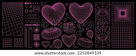 Geometry wireframe shapes and grids in neon pink color. 3D hearts, abstract backgrounds, patterns, cyberpunk elements in trendy psychedelic rave style. 00s Y2k retro futuristic aesthetic. Royalty-Free Stock Photo #2252849109