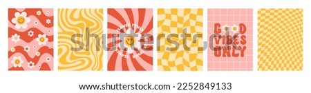 Retro groovy set backgrounds in style 60s, 70s. Flower power. Good vibes only. Trendy vector illustration. Red and yellow colors Royalty-Free Stock Photo #2252849133