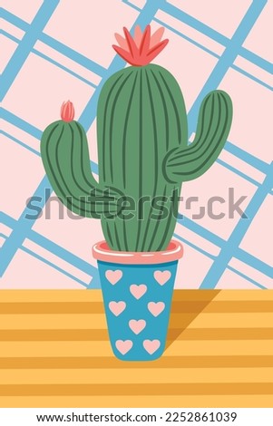 Flat cactus with flower. Сactus with flower in pot with hearts . Сan be used for greeting cards, invitations, stickers and prints. Illustration for birthday and valentine's. Still life illustration.