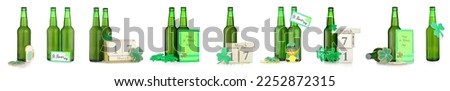 Collage of tasty green beer in bottles, calendars with date of St. Patrick's Day, greeting cards and cookies on white background