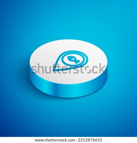 Isometric line Location fishing icon isolated on blue background. Fishing place. White circle button. Vector