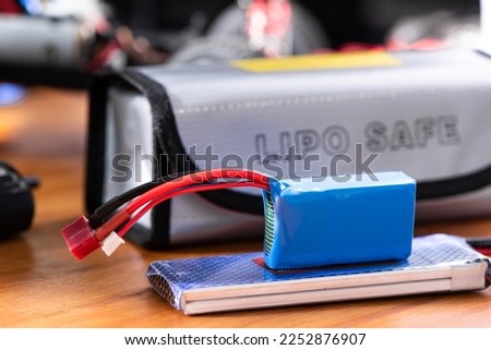 LiPo Battery or Lithium Polymer Battery, rechargeable battery used in electronic device such as RC toy, cordless tools.  Royalty-Free Stock Photo #2252876907
