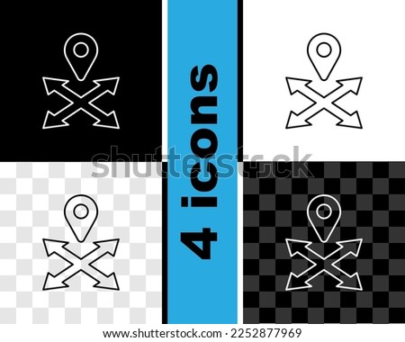 Set line Map pin icon isolated on black and white, transparent background. Navigation, pointer, location, map, gps, direction, place, compass, search concept.  Vector