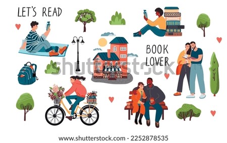 Collection of people reading books in the park. Hand written quotes, bookstore,girl on a bike,couple on a bench, backpack, flowers, lantern, trees.Cartoon vector flat clip art set on white background.