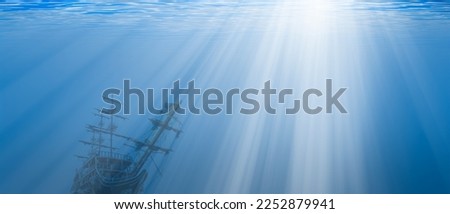 Silhouette of old abandoned ghost shipwreck sea or ocean bottom  Royalty-Free Stock Photo #2252879941