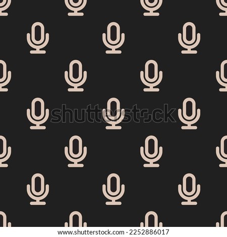 Seamless repeating tiling microphone outline flat icon pattern of dark jungle green and desert sand color. Background for advertisment.