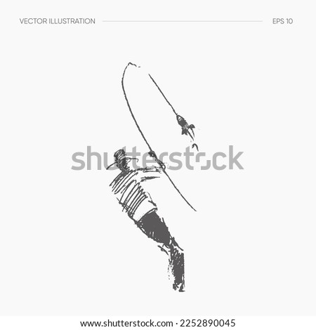 Hand drawn vector illustration of fisherman caught a fish with fishing rod