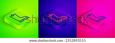 Isometric line Waterproof rubber boot icon isolated on green, blue and pink background. Gumboots for rainy weather, fishing, gardening. Square button. Vector