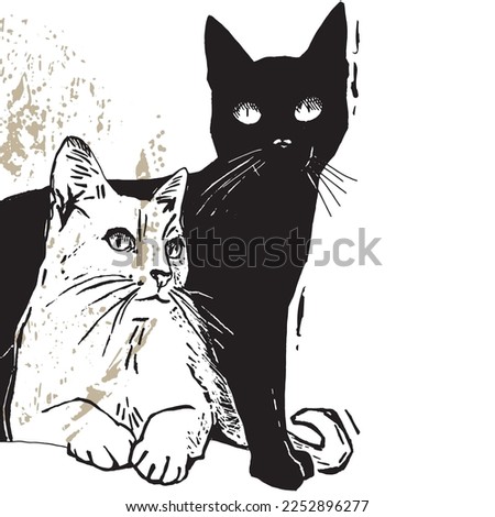 Hand drawn black and white cat. Two cats in ink linocut graphic style. Can be used as a stamp on fabric, postcard, ex libris design