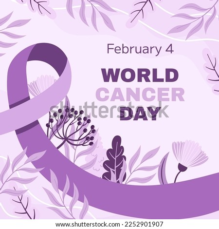 World Cancer Awareness Day February 4th. Lilac or purple ribbon symbol of cancer with flowers. Stop cancer campaign Health care square template for social media or website