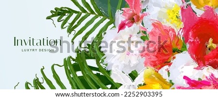 TropicalIn invitation card with exotic flower bouquet, pink orchid, green palm branch (monstera leaf). Floral horizontal vector template for wedding invite, Gift card, voucher, gift certificate
