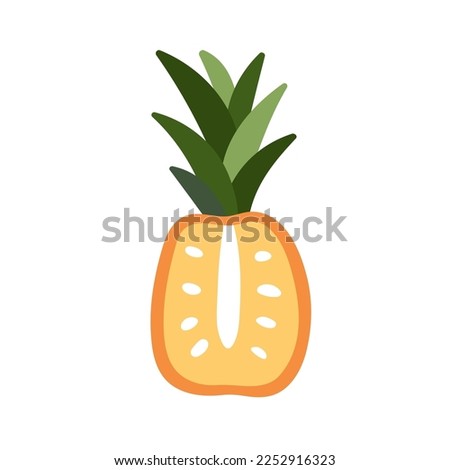 Exotic pineapple fruit, cross section with top leaf. Tropical food, ananas half, cut piece. Sweet natural vitamin eating with yellow flesh. Flat vector illustration isolated on white background