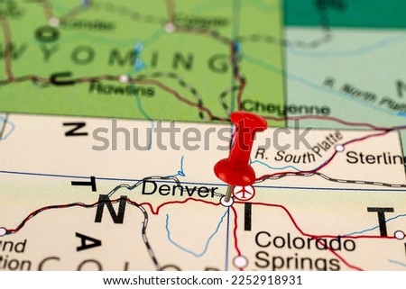 Denver map. Denver pin map. Close up of Denver map with red pin. Map with red pin point of Denver in USA, Colorado.