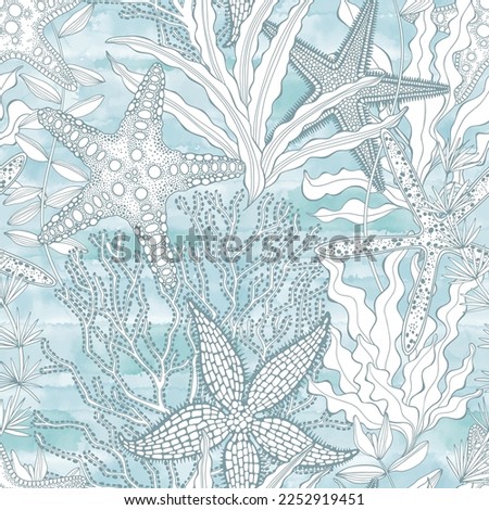 Abstract seamless pattern on the marine theme with underwater plants, starfish on blue watercolor background.  Vector. Perfect for design templates, wallpaper, wrapping, fabric and textile. Royalty-Free Stock Photo #2252919451