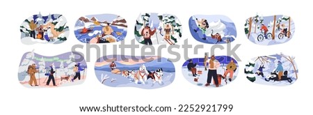 Winter tourists camping, climbing, hiking in snow. Active people mountaineering, fishing, skiing, trekking on wintertime vacation in cold nature. Flat vector illustrations isolated on white background