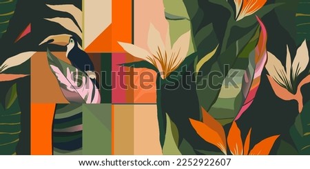 Hand drawn exotic conceptual abstract botanical print. Creative collage contemporary seamless pattern with toucan bird. Fashionable template for design. Royalty-Free Stock Photo #2252922607