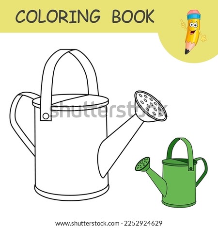 Coloring page with cartoon watering can. Template of colorless and color samples gardening tool to water the plants and flowers on coloring page. Practice worksheet with plastic or metallic garden can