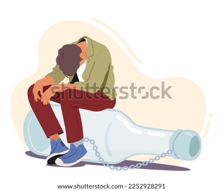 Drunk Male Character Chained to Alcohol Bottle. Problems in Life, Alcohol Addiction Concept with Male Character with Pernicious Habits Addiction and Substance Abuse. Cartoon People Vector Illustration Royalty-Free Stock Photo #2252928291