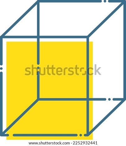 Simple blue line and yellow cube illustration drawn with dashed lines