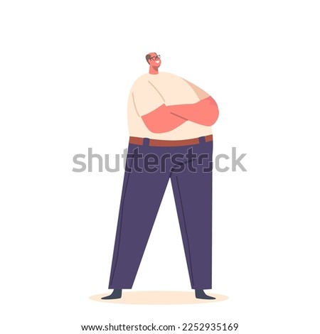 Fat Overweight Man Stand with Crossed Arms Isolated on White Background. Plus Size Male Character Standing in Confident Pose. Big Mature Person with Obesity. Cartoon People Vector Illustration