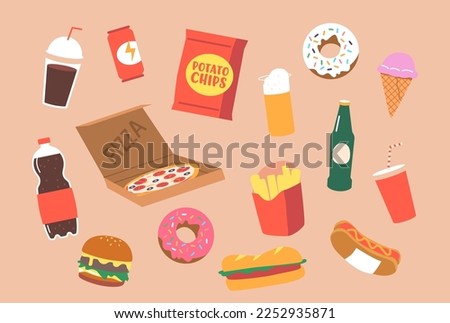 Set of Fat Unhealthy Food. Cola, Chips, Donut and Ice Cream, Pizza, Burger and French Fries. Hot Dog, Beer, Soda or Coffee Isolated Icons. Fast Food, Junk Meals Collection. Cartoon Vector Illustration