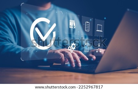 Quality management with Quality Assurance or QA and Quality Control or QC and improvement. Standardization, certification concept. Compliance to regulations and standards. Concept with manager. Royalty-Free Stock Photo #2252967817