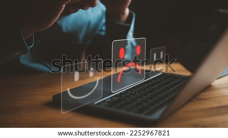 Customer Experience dissatisfied Concept, Unhappy Businessman Client with Sadness Emotion Face on virtual screen, Bad review, bad service dislike bad quality, low rating, social media not good. Royalty-Free Stock Photo #2252967821
