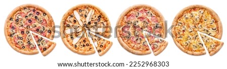 Collection of pizzas with mushrooms, isolated on white background
