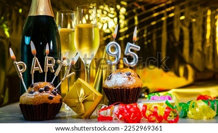 Happy birthday background with champagne glasses with number cake  95. Beautiful birthday card with decorations copy space.