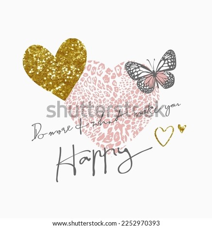 happy calligraphy slogan with gold glitter in heart and butterfly vector illustration Royalty-Free Stock Photo #2252970393