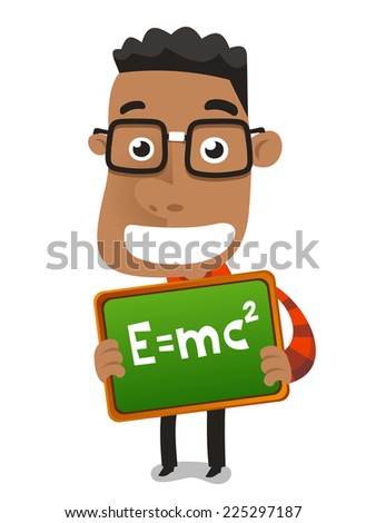 Happy nerd geek child boy holding proudly maths formula vector illustration.