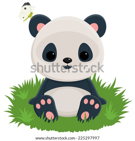 Baby panda sitting on a grass with a butterfly on the ear