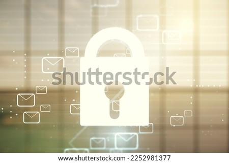 Abstract virtual lock illustration with postal envelopes on modern interior background, cyber security and email protection concept. Multiexposure