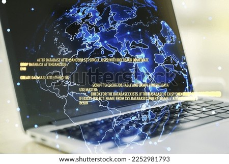 Multi exposure of abstract programming language hologram with world map on computer background, artificial intelligence and neural networks concept