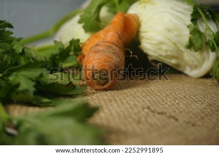Assorted raw organic vegetables for soup on burlap fabric as background. Shot in selective focus, provided with copy space.