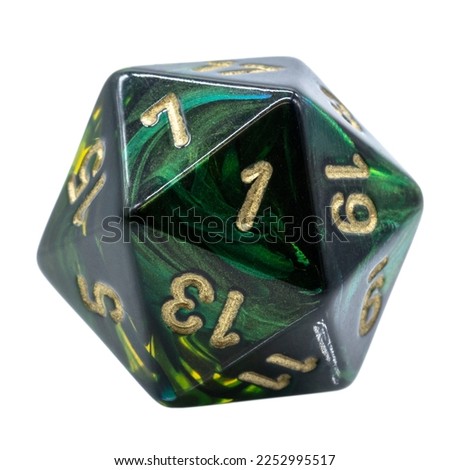 one green marbled w20 or 20 sided dice, isolated Royalty-Free Stock Photo #2252995517