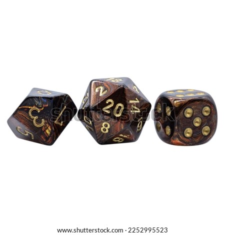 three brown marbled w10 w20 and w6 sided dices, isolated Royalty-Free Stock Photo #2252995523