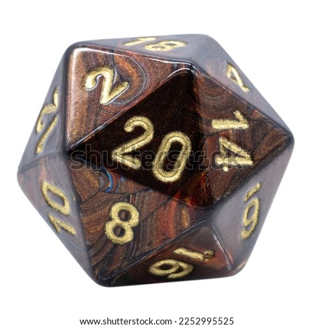 one brown marbled w20 or 20 sided dice, isolated Royalty-Free Stock Photo #2252995525