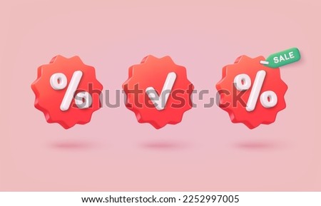 Label set with percent, check mark and discount. App icon. 3D Web Vector Illustrations. 