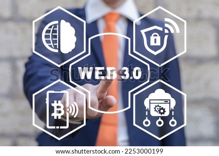 Businessman using virtual touch screen presses the inscription: WEB 3.0. Web 3.0 Technology Concept. New Web 3 AI IOT Big Data Tech. Decentralized internet network.
