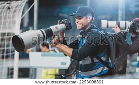 Professional Press Officer, Sports Photographers with Camera Zoom Lens Shooting Football Championship Match on Stadium. International Cup, World Tournament Event. Photography, Journalism and Media