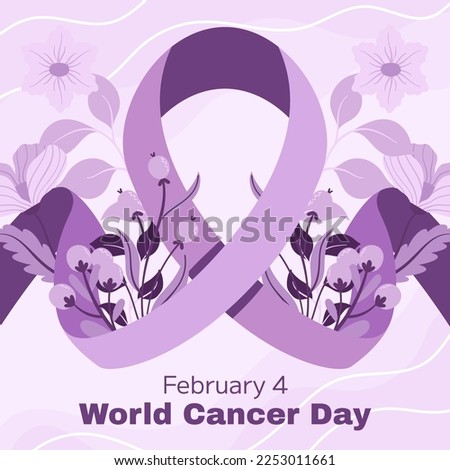 World Cancer Awareness Day February 4th. Lilac or purple ribbon symbol of cancer with floral elements. Stop cancer campaign Health care square template for social media or website