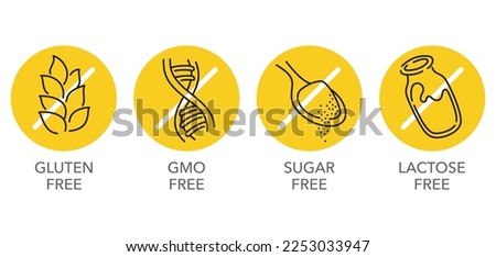 Lactose free yellow icons in thin line. Sugar free, Gluten free, GMO free - set of food packaging decoration element for healthy nutrition