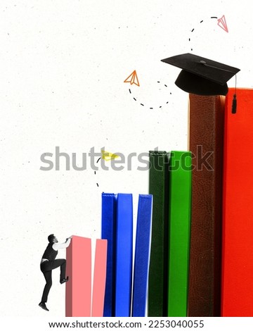 Motivated man climbing on books. Contemporary art collage, modern design. Concept of education, self-development, personal growth, goal achievement. New ideas, inspiration, ad. Bright neon colors