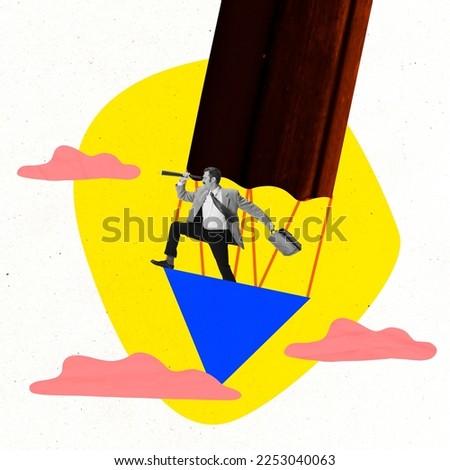 Man-discoverer flying on air hot balloon. Concept of education, self-development, personal growth, goal achievement. New ideas, inspiration, ad. Bright neon colors