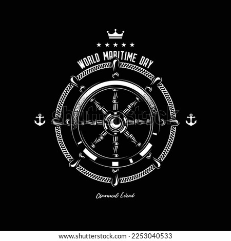 Original monochrome vector emblem of a ship steering wheel in vintage style.