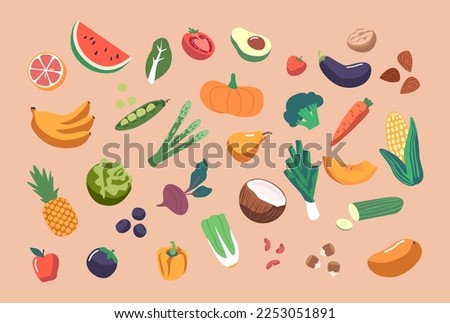 Set of Healthy Food Fruits and Vegetable Icons. Watermelon, Grapefruit, Avocado, Tomato and Pumpkin, Eggplant, Pineapple, Coconut or Carrot with Broccoli and Green Peas. Cartoon Vector Illustration Royalty-Free Stock Photo #2253051891