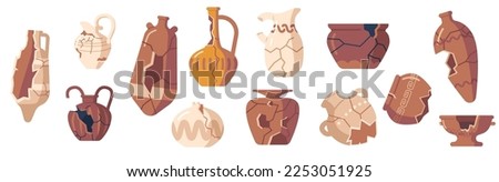 Set Of Old Broken Pots , Decorative Pottery, Vases, Jugs Or Pitchers. Antique Archaeological Artifacts, Roman Or Greek Crockery With Ornament Isolated On White Background. Cartoon Vector Illustration Royalty-Free Stock Photo #2253051925